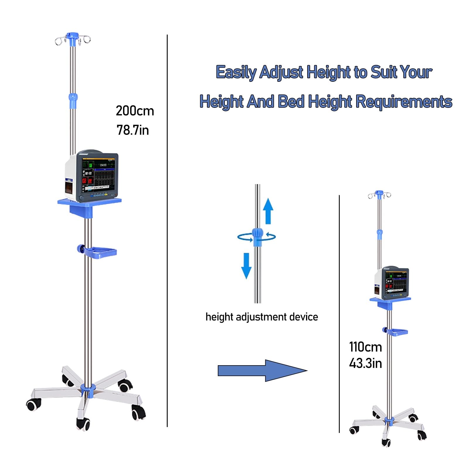 Asta Porta Flebo Con Ruote - Asta per Flebo, Porta Flebo 4 Ganci 5 Gambe Base Mobile con Acciaio Inossidabile Resistente, Altezza Regolabile