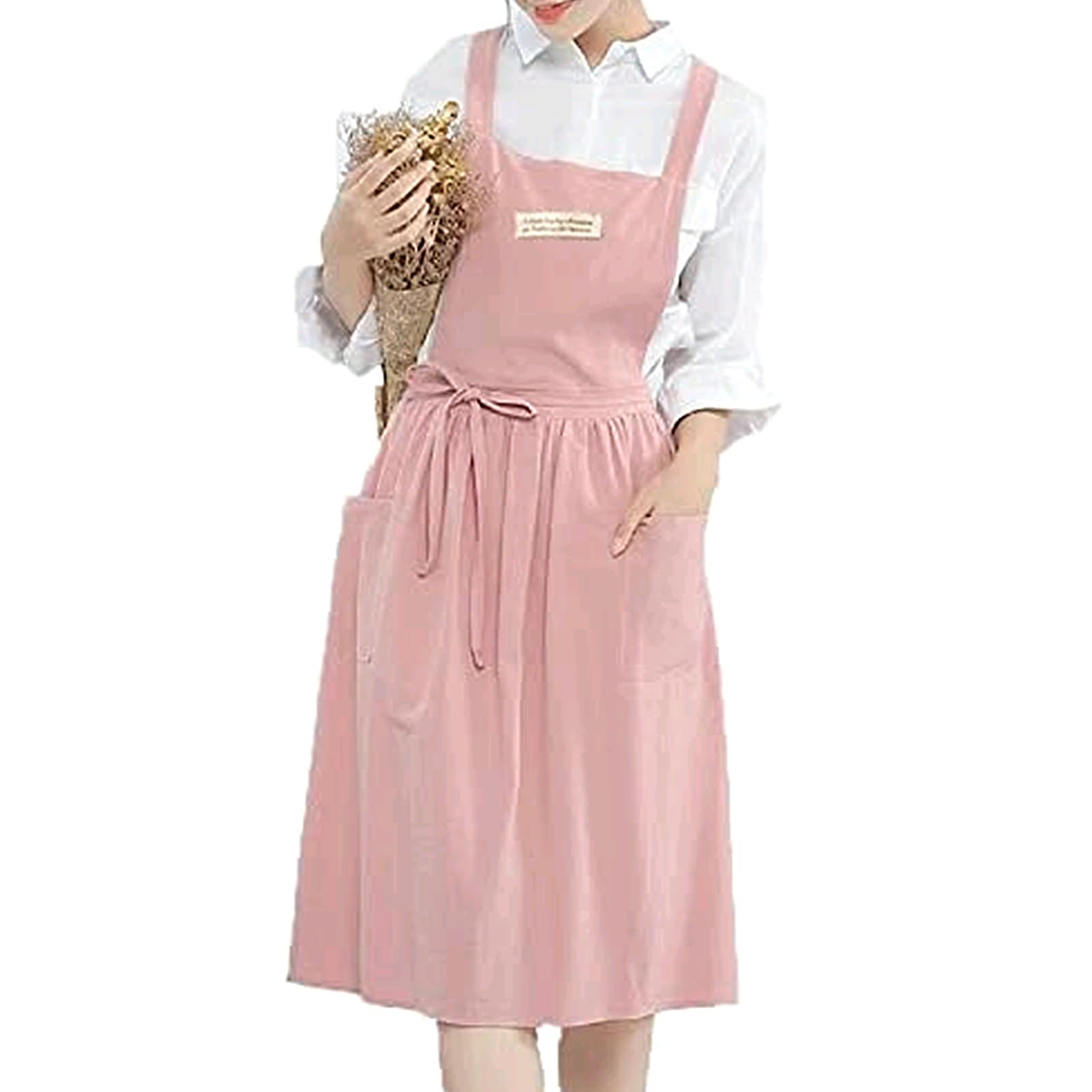 Delantal para mujer (algodón y lino, con tirantes cruzados, babero, algodón, vintage, delantal de cocina, con 2 bolsillos, para cocinero, jardinería, floristería, color sólido, rosa, Le