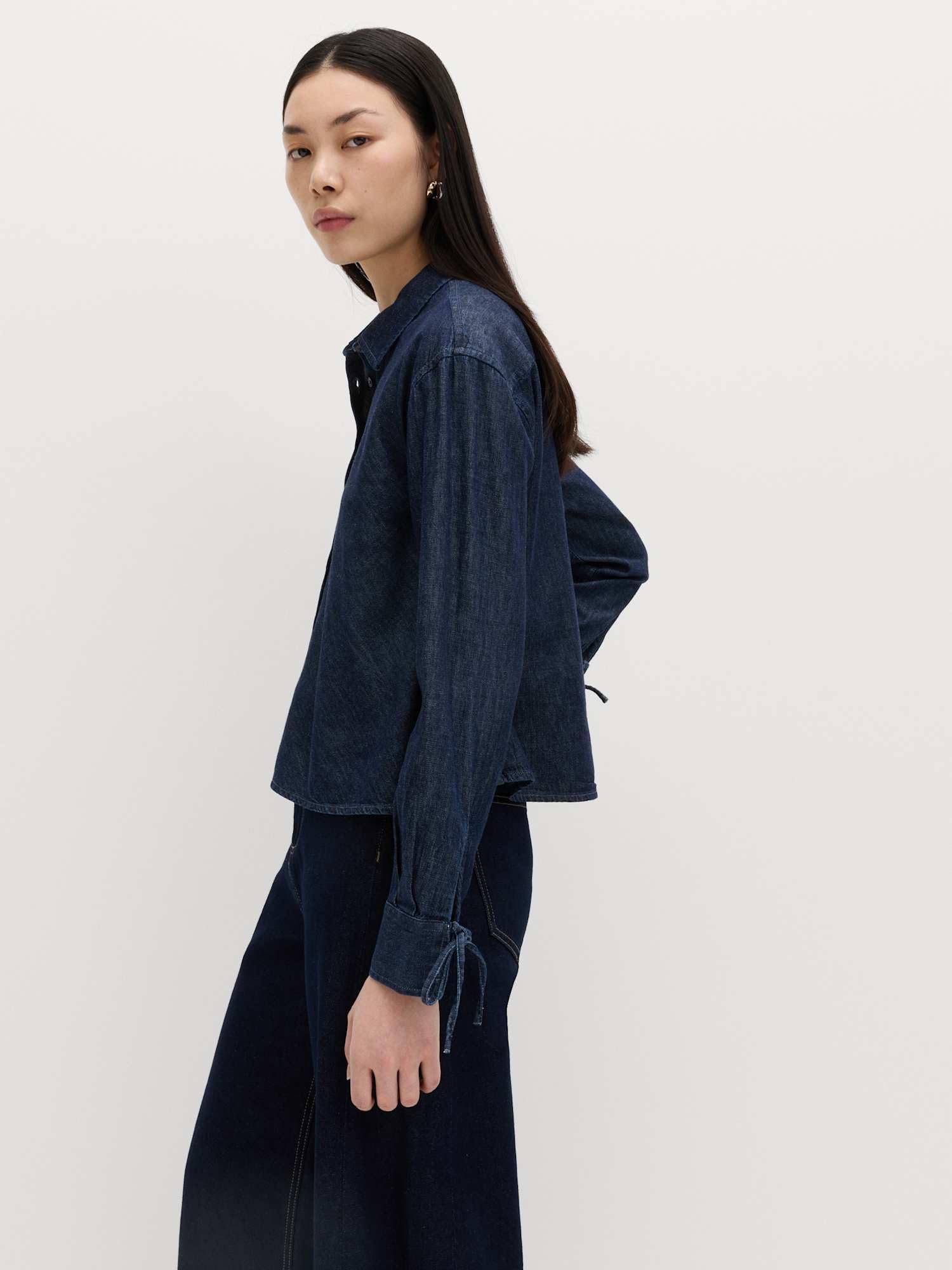 Marks & Spencer Chemise Denim Évasée à Lien Femme, Coupe Standard, Col, Épaules Tombantes