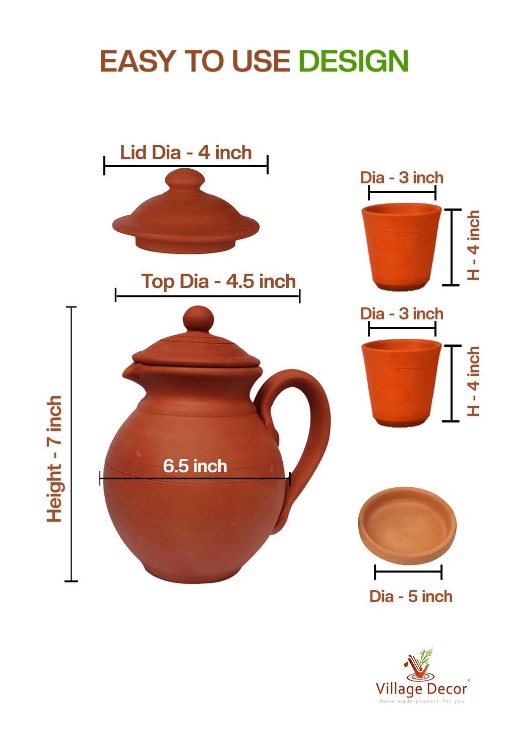 Village Decor Handmade Terracotta Preseasoned Water jug |1.5 Liter with Bottom Tray & Glass 1