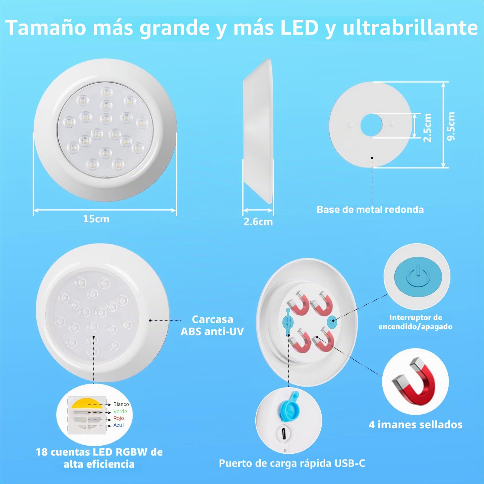 LyLmLe Magnético LED Luces Subacuáticas para Piscina, 15cm RGBW Foco Piscina Sumergible con Remoto, Alimentación USB-C Recargable, 18 LEDs Color Cambiante Piscinas Desmontables Decoración 2 Pack