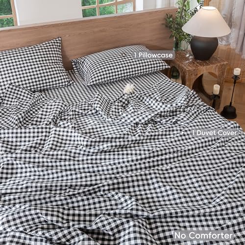 Image of MooMee Gingham Duvet Cover Set 100% Washed Cotton Linen Like Twin | Relaxed Linen-like Texture. Soft, Breathable & Long-lasting Comfort. Lightweight. Hidden Zipper with 8 Interior Corner Ties