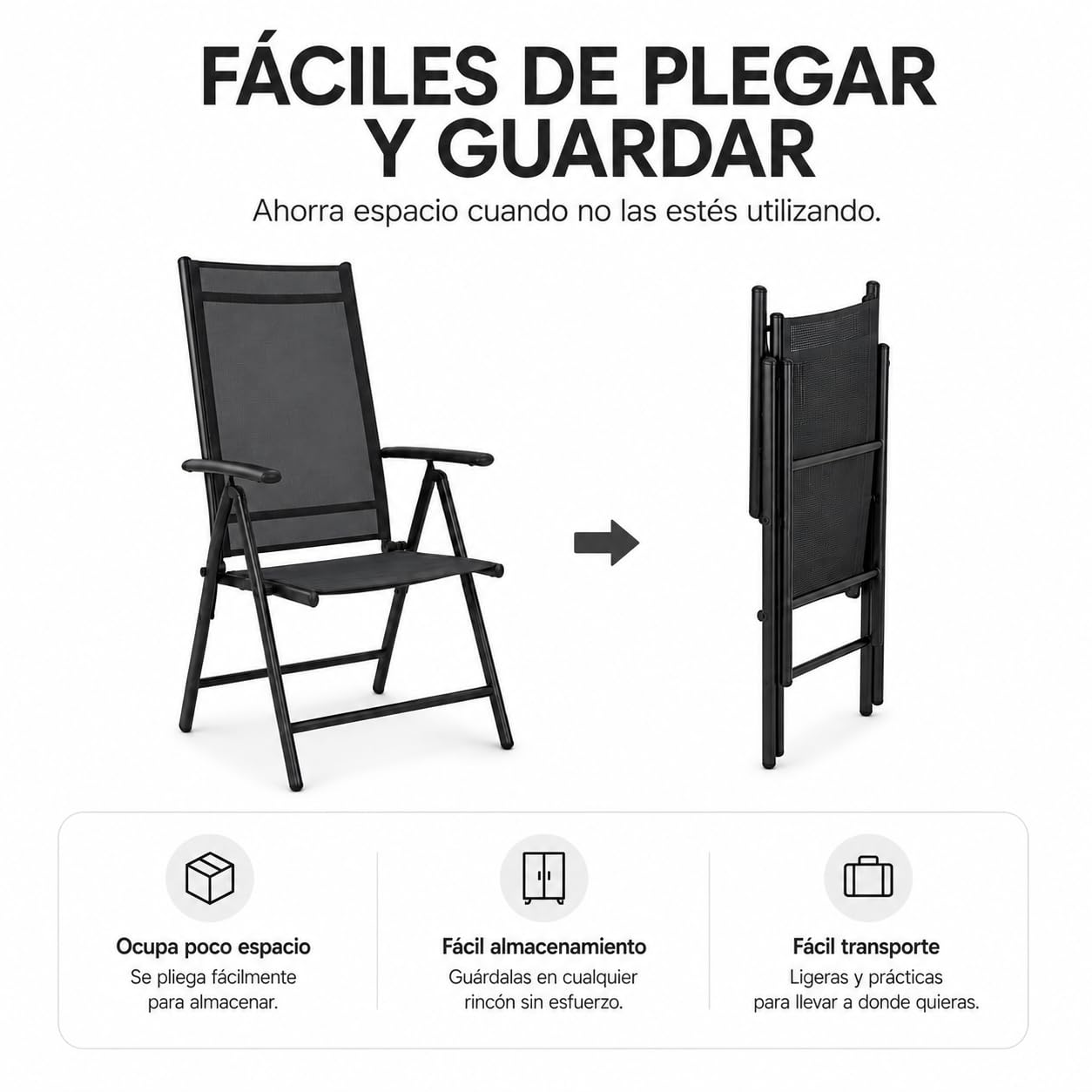 Pack de 2 Sillas Plegables de Jardín con Reposabrazos – Silla con Estructura de Acero Ligero y Tela Mesh Transpirable, Respaldo Alto y Plegable para Terraza, Patio, Jardín y Camping – Color Negro