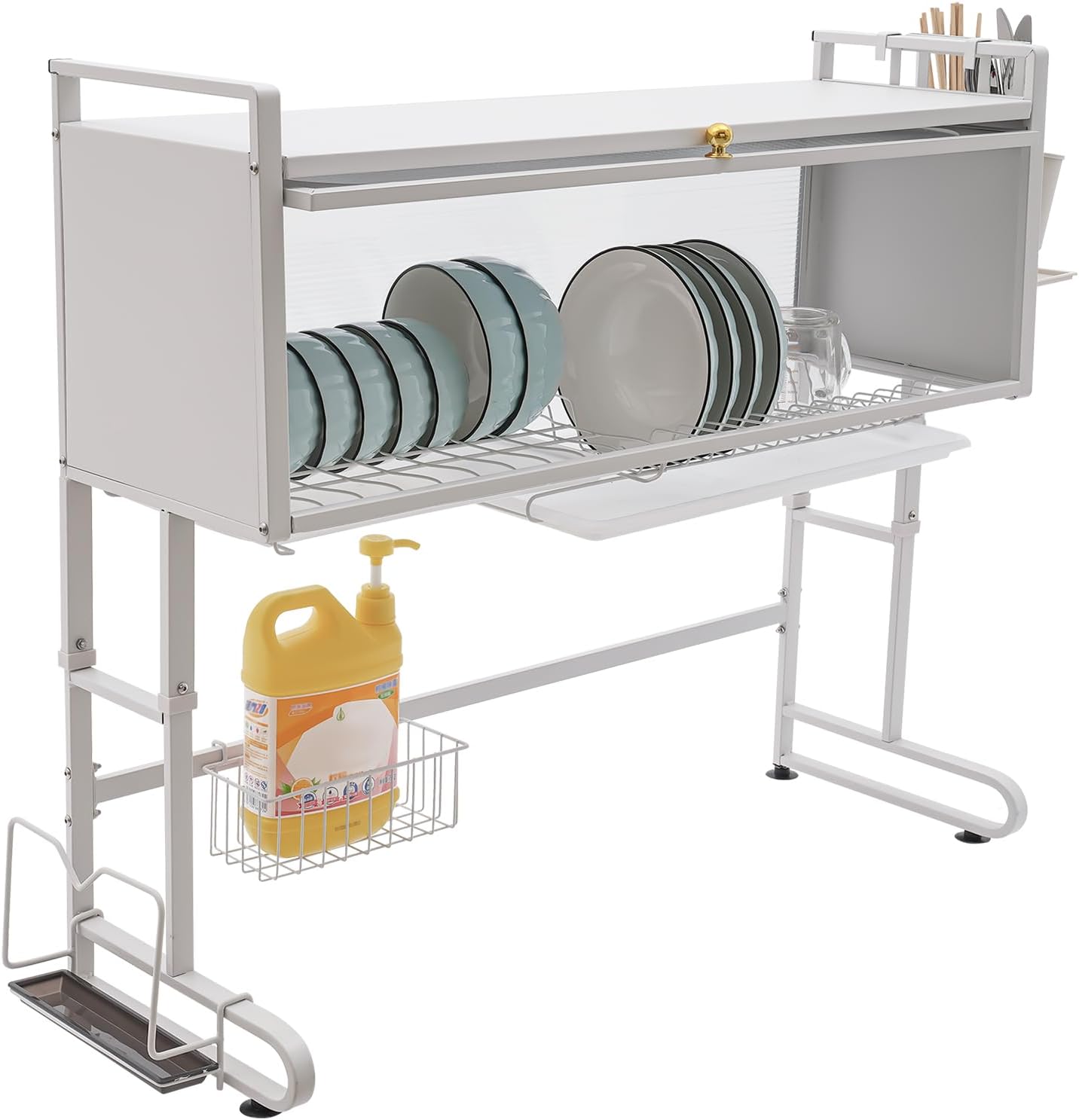 Over The Sink Dish Drying Rack, 2 Tier Large Dish Rack Over The Counter w/ 90° Flip-Type Cabinet Door, 3 Height Adjustable (29.52", 31.49", 33.46") Dish Drying Rack for Kitchen Sink (White)