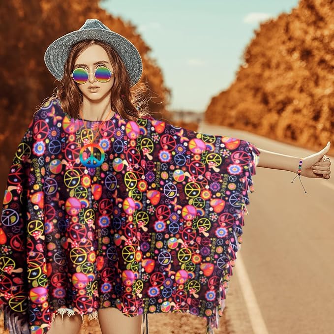 Déguisement Hippie Femme Festicy - Poncho, Bandeau, Accessoires, Taille Unique