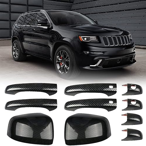 sportuli Fundas de espejo de fibra de carbono + fundas de manija de puerta de repuesto para Jeep Grand Cherokee y Dodge Durango 2011-2021