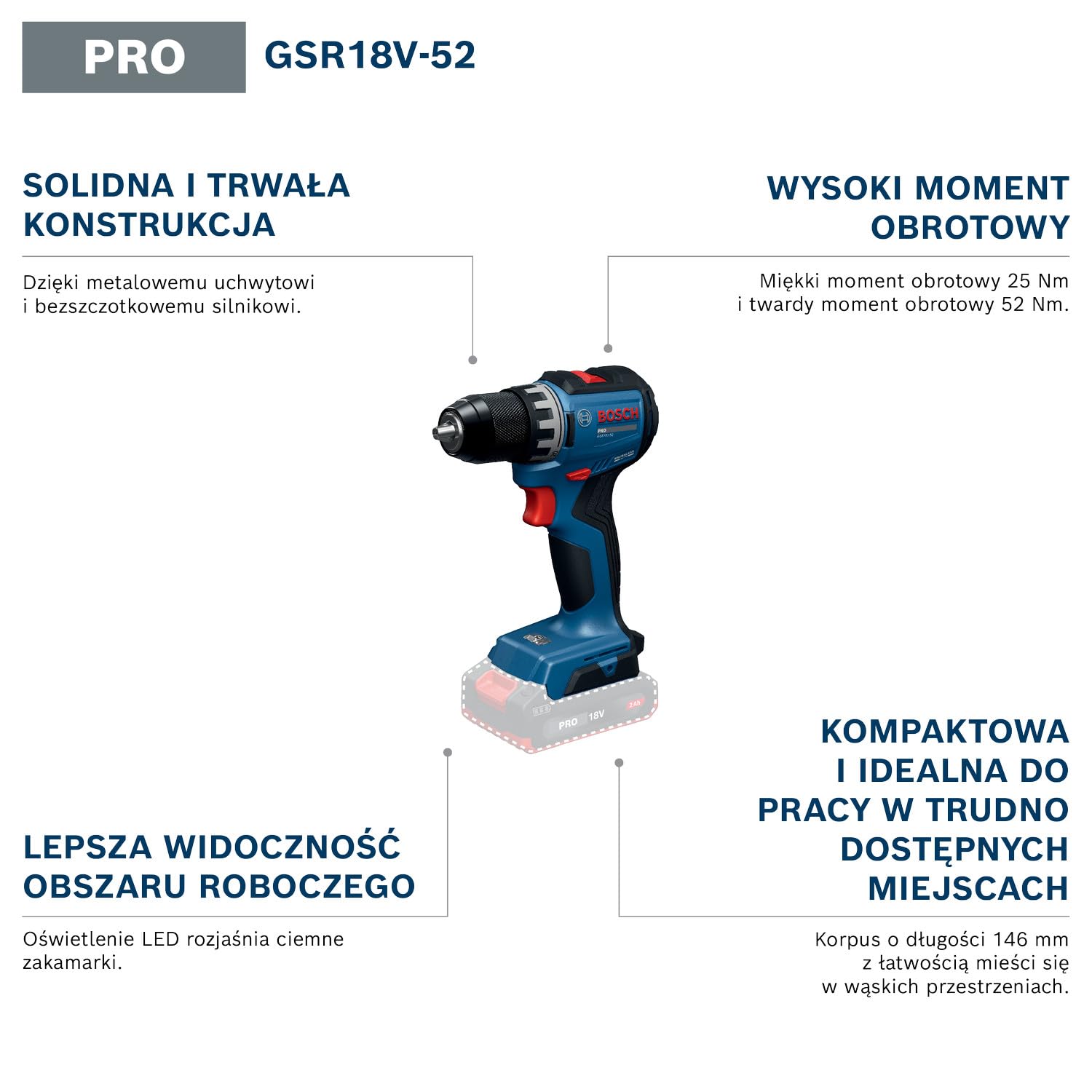 Bosch PRO 18V System Wiertarko-wkrętarka akumulatorowa GSR18V-52