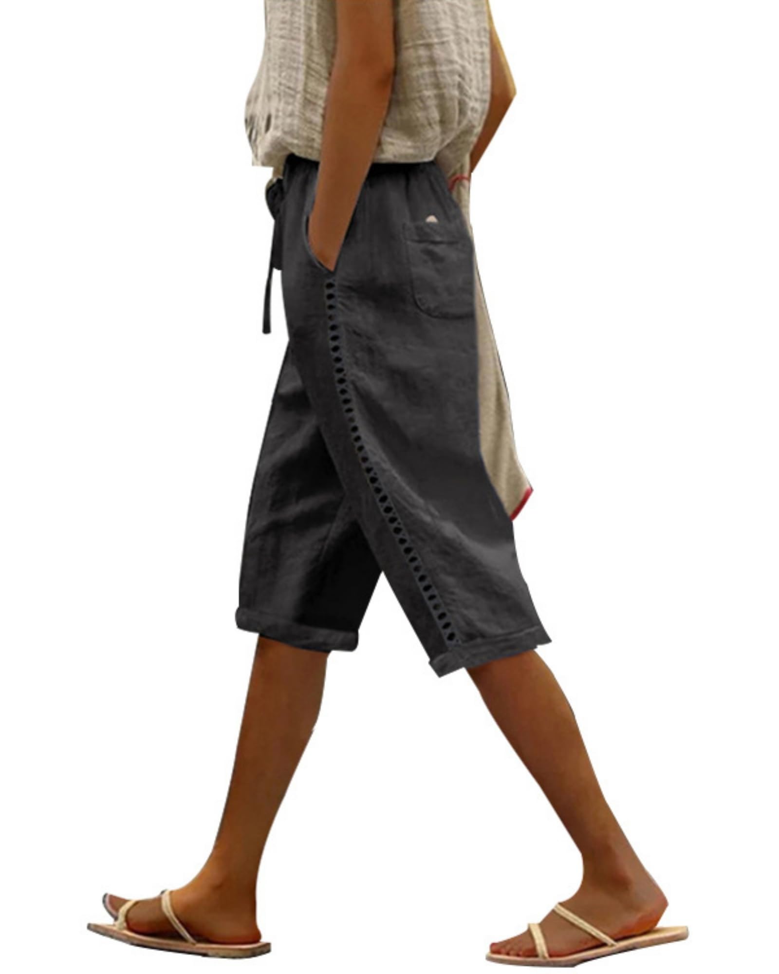 QANSI Women's Cotton Linen Shorts 2025 Casual Loose Knee Length Beach Pants Summer Drawstring Bermuda Shorts with Pockets