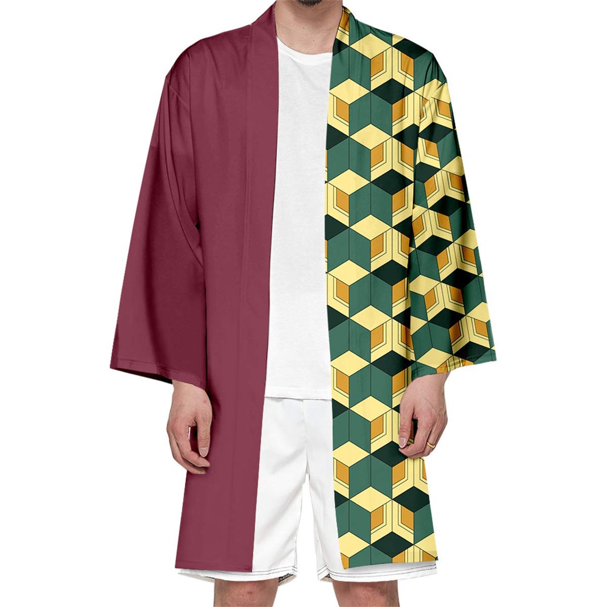 Seidarise Men's Haori, Long Kimono Cardigan Jacket Japanese Style Flying Crane Seven Sleeves Open Front Coat, D-cube, L