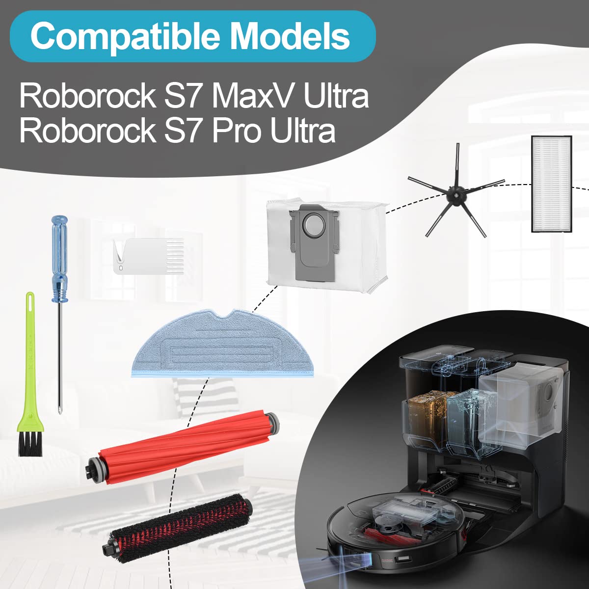 Kit Filtres Et Brosses Rechange Pour Roborock S7 Max Ultra - 2 Brosses + Brosse Jaune + Filtre - Compatible S7/Pro