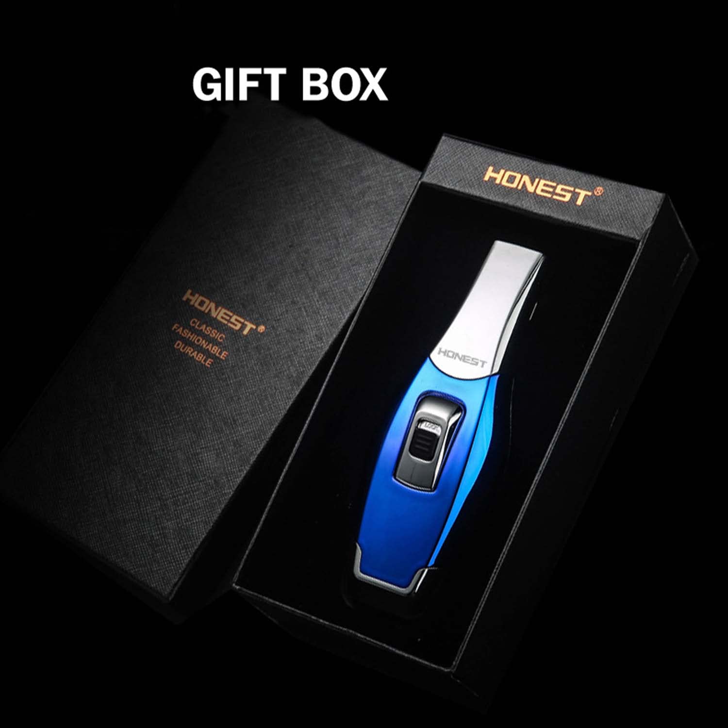 Briquet Torche Flamme à Double Jet Conception de Verrouillage de Sécurité avec Fenêtre Visible Portable Coupe-Vent Extérieur Bougie Briquet pour Barbecue de Camping (gaz Non Inclus)