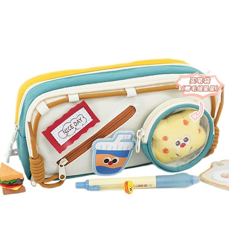 Image of Canvas School Bag Pencil Case, 3 Layer 6 Compartment Large Capacity, Aesthetic Pencil Pouch for Stationary, Cute Stationery for Kids, Pencil Case for Girls & Boys (Olive Green Dori)