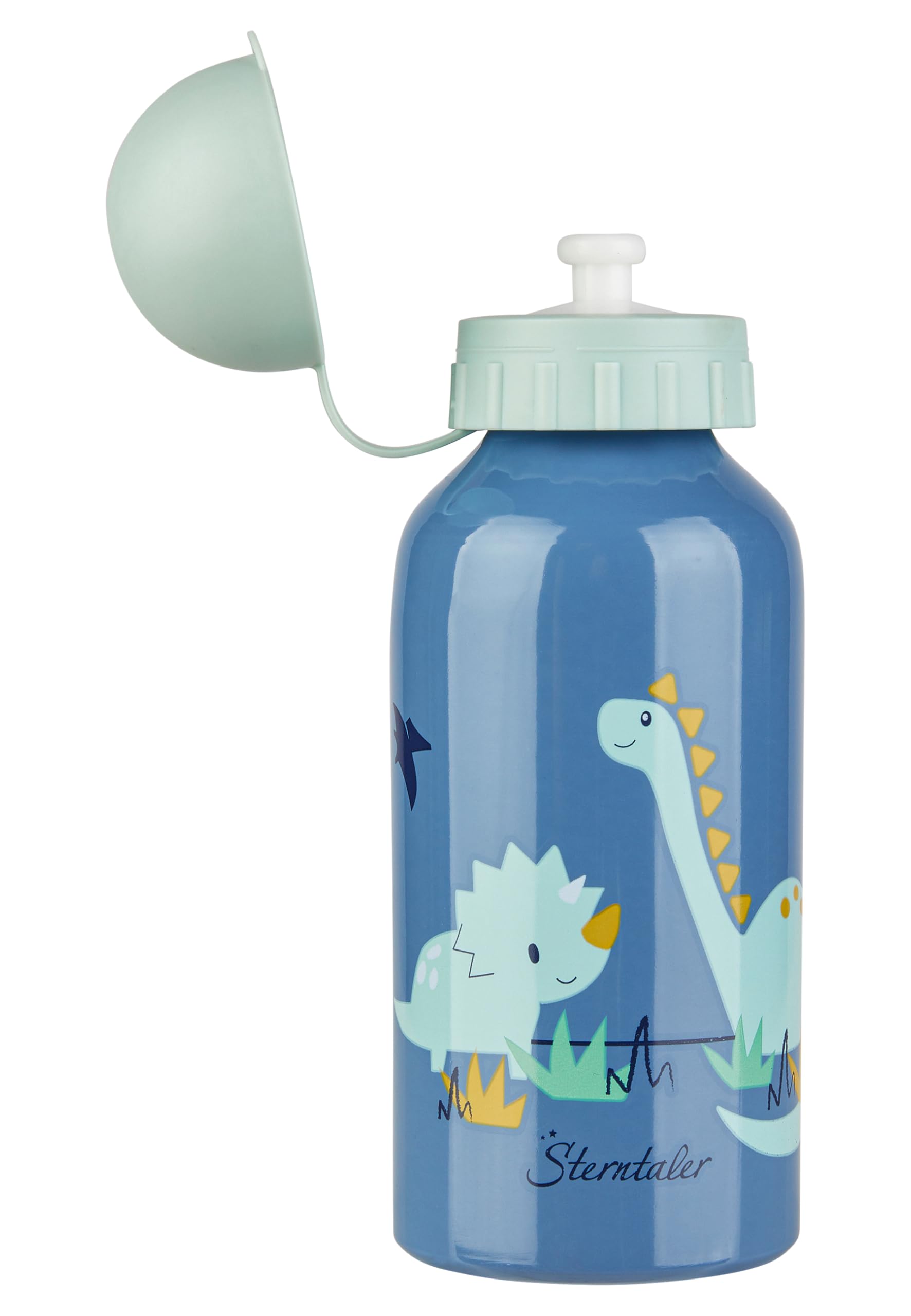Sterntaler Gourde Dino Rexi - Pour enfant - En aluminium - Avec bouchon et capuchon de sécurité - Gourde de maternelle avec motif dinosaure - Pour la maison et les déplacements - Bleu moyen