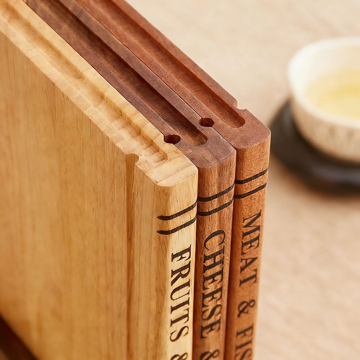 Set da 3 taglieri in acacia stile biblioteca con supporto, blocco da macellaio per carne formaggio verdure per amanti dei libri e chef