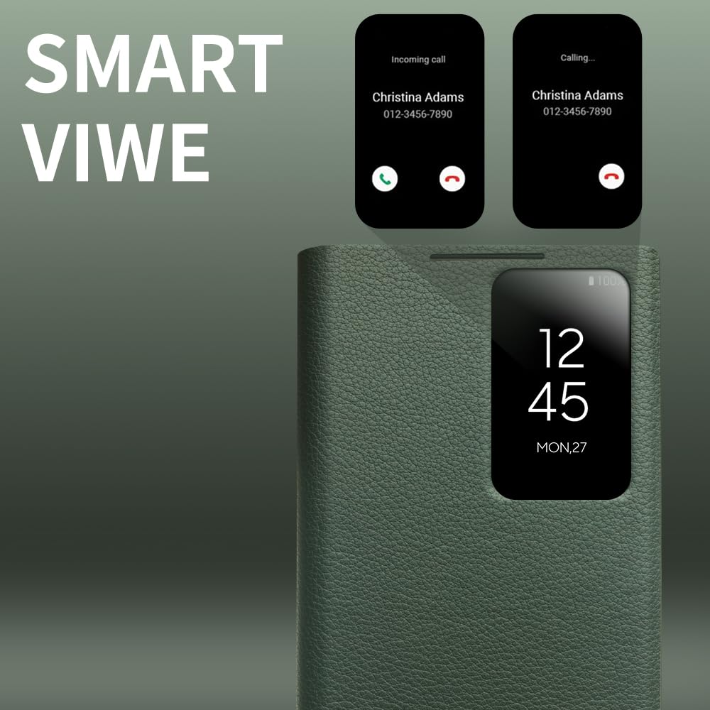 Funda inteligente de cuero genuino para Samsung Galaxy S23 Ultra, funda de teléfono ultraligera con Smart View para S23 Ultra (solo para S23 Ultra, verde)