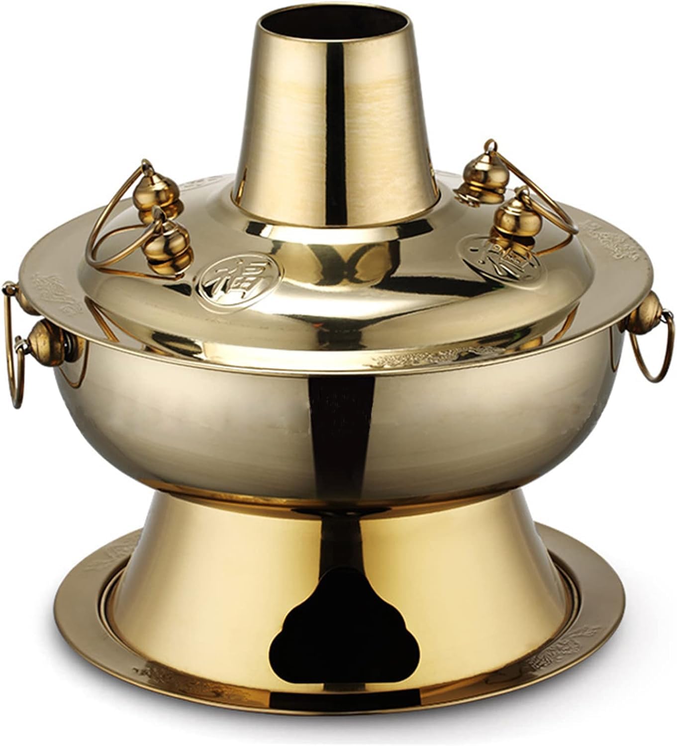 NGDFGR Traditional Chinese Copper Hot Pot,Vintage Charcoal Copper Shabu Shabu Hot Pot Stainless Steel Chinese Hotpot Soup Pot Shabu Cookware Pan With Chimney For 2-7 People,Gold-34cm