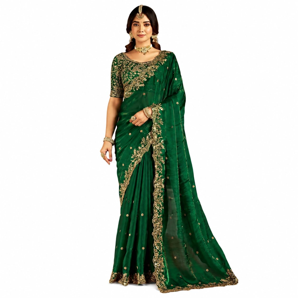 Women's Emerald Space Silk Saree with Heavy Embroidery Work & Unstitched Blouse Piece | Designer, Wedding, Festive & Traditional Ethnic Saree (5.5m Saree + 0.8m Blouse)-picture-20