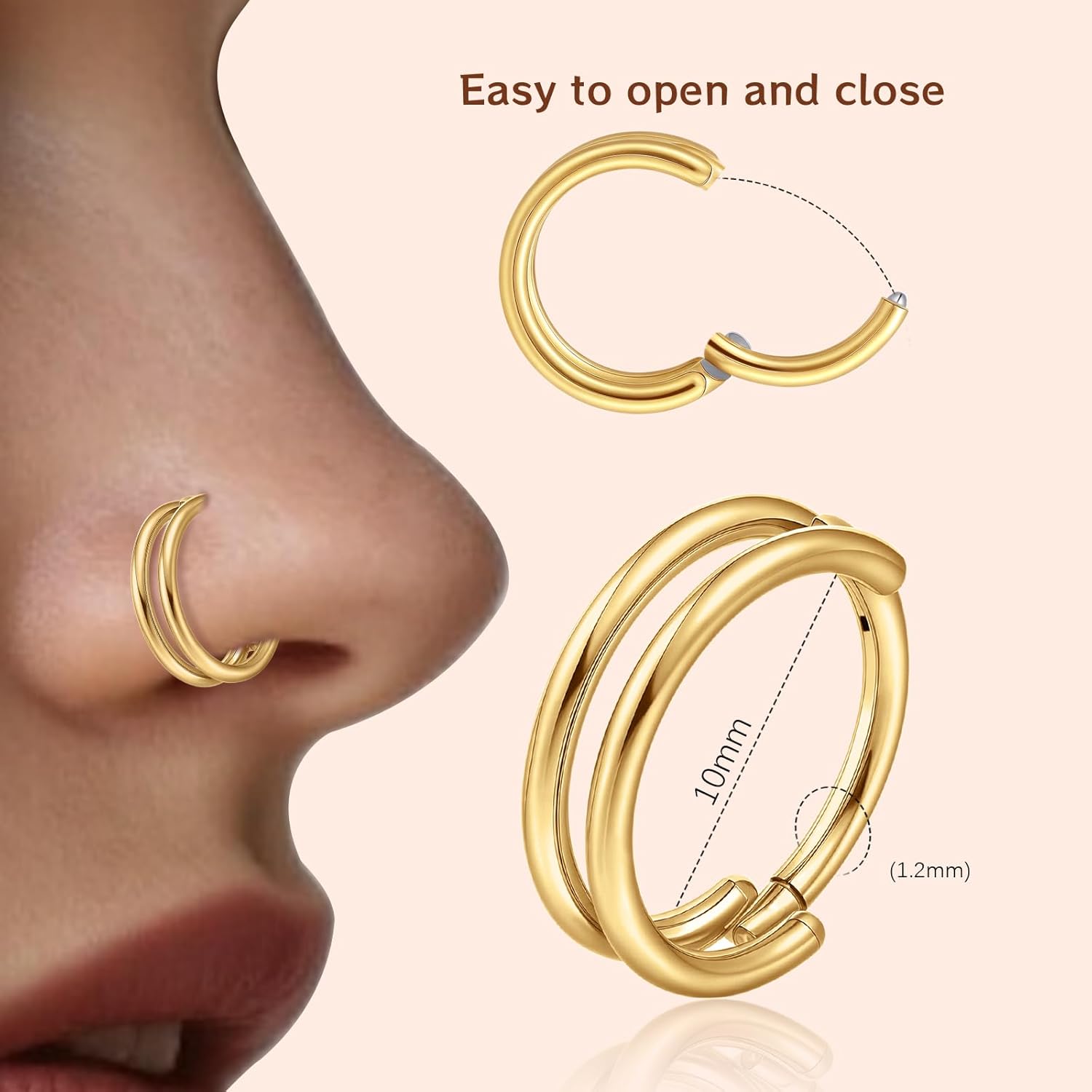 limerencia Nose Rings Hoop - 16G Titanium Nose Ring for Women Men, Hinged Segment Septum Lip Rings Cartilage Conch Rook Helix Tragus Daith Earrings, Piercing Jewelry - Image 5