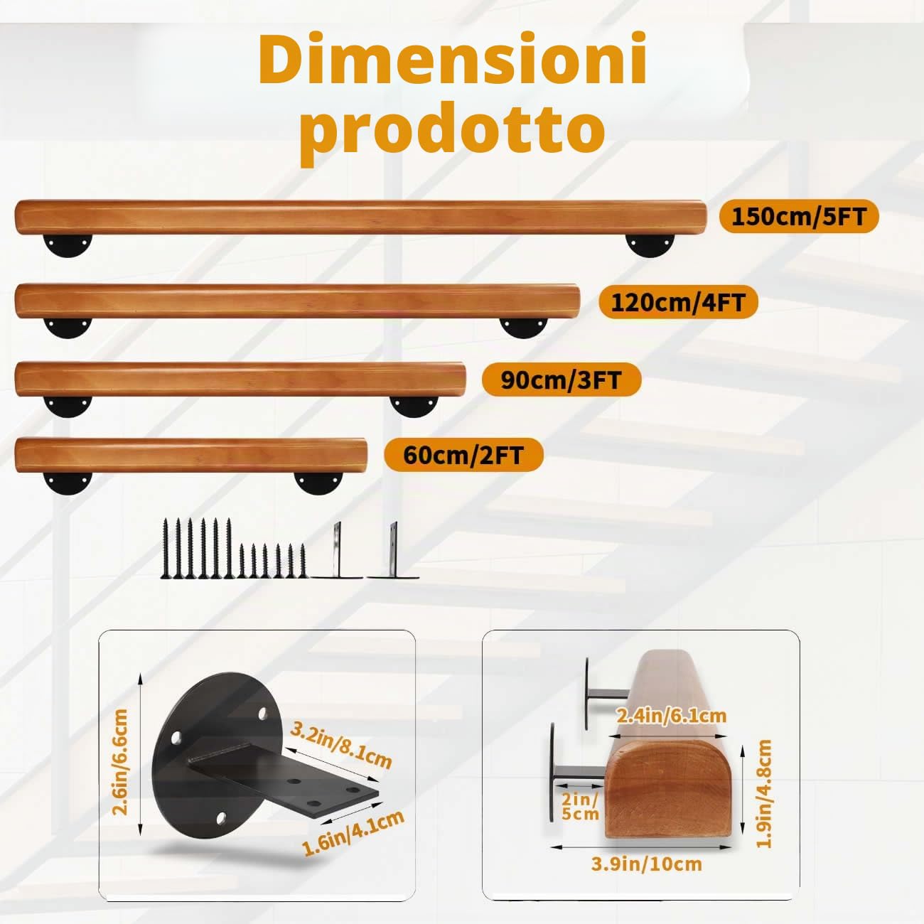 60cm Corrimano Legno per Scale Interne, Ringhiera A Muro Per Anziani, Passamano Moderno Capacità di Carico 180KG, Maniglie Antiscivolo Supporto di Sicurezza per Casa, Corridoio, Soppalchi, Terrazze