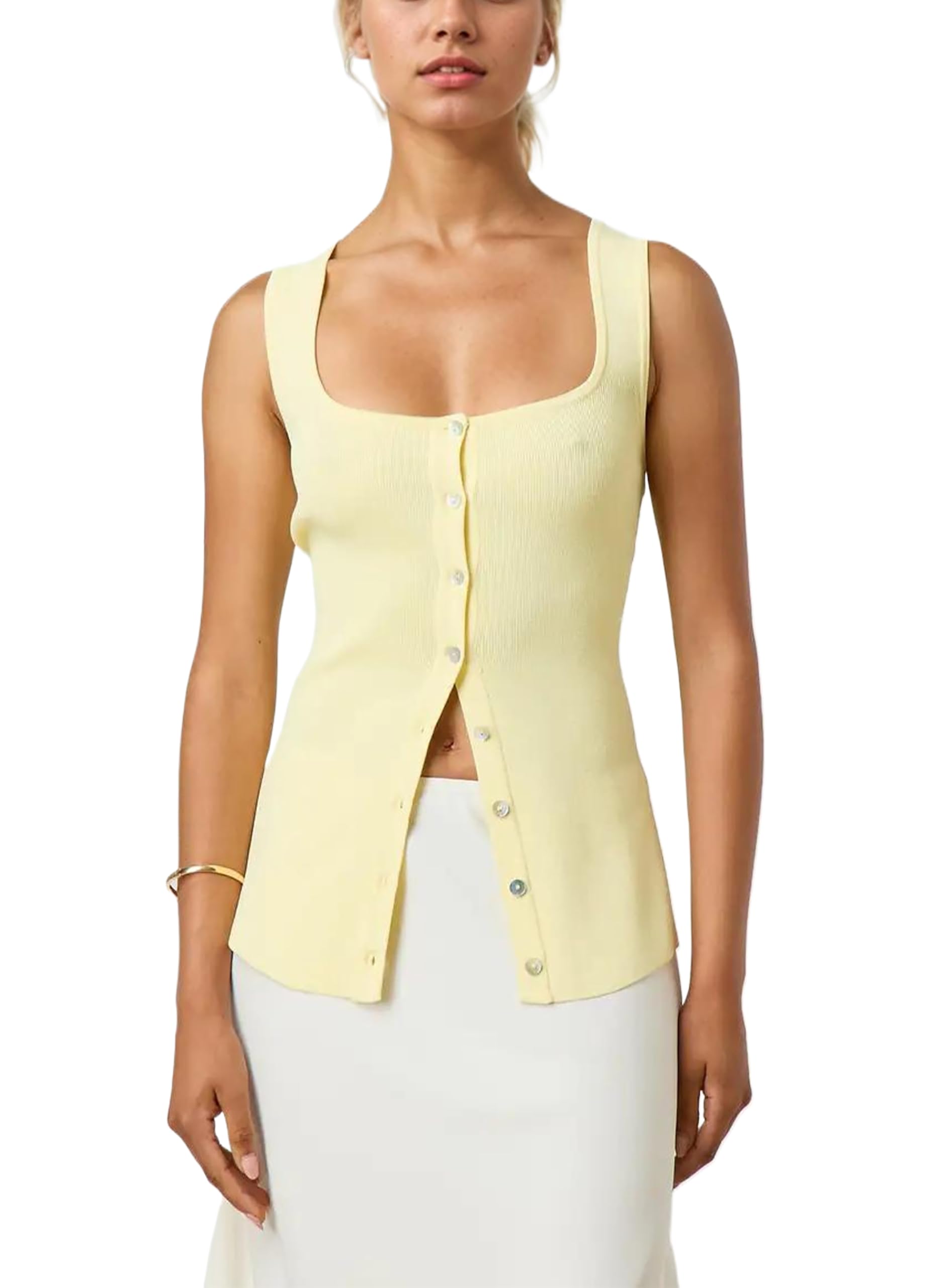 aihukocy Women's Tank Top Square Neck Button Down Scoop Neck Sleeveless Backless Solid Color Slim Sexy Pullover Vest-picture-32