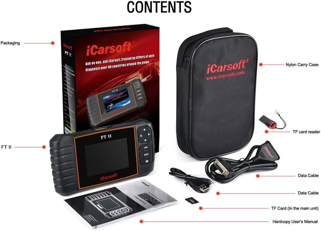 Contents of the iCarsoft FT II package, including the diagnostic tool, carry case, cables, TF card reader, and user manual.
