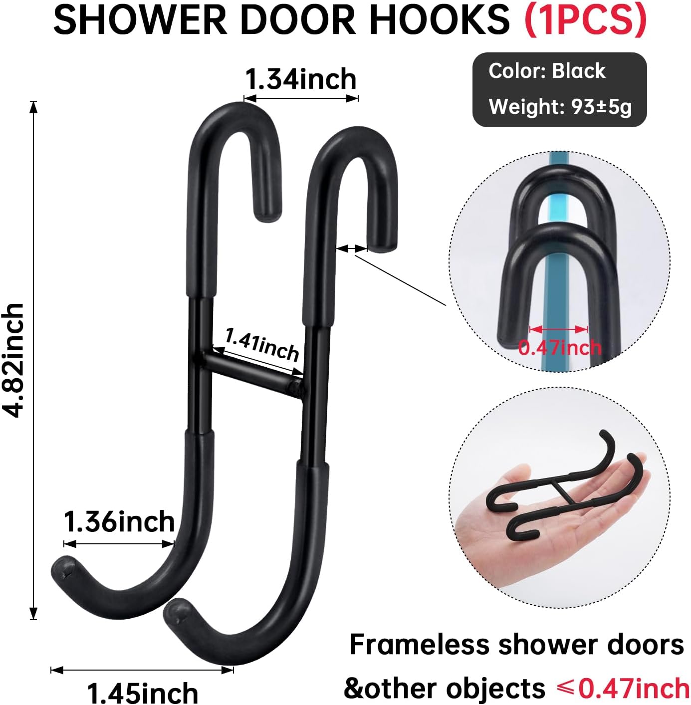 1Pc Shower Door Hooks,Towel Hooks for Bathrooms Frameless Glass Door,Heavy Duty SUS 304 Stainless Steel Hook for Towels,Squeegee,Loofah,Shaver,Robe (1, Black)