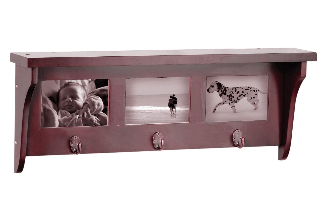 Premier Housewares Mahogany Wood Wall Shelf with 3 Picture Frames and 3 Hooks