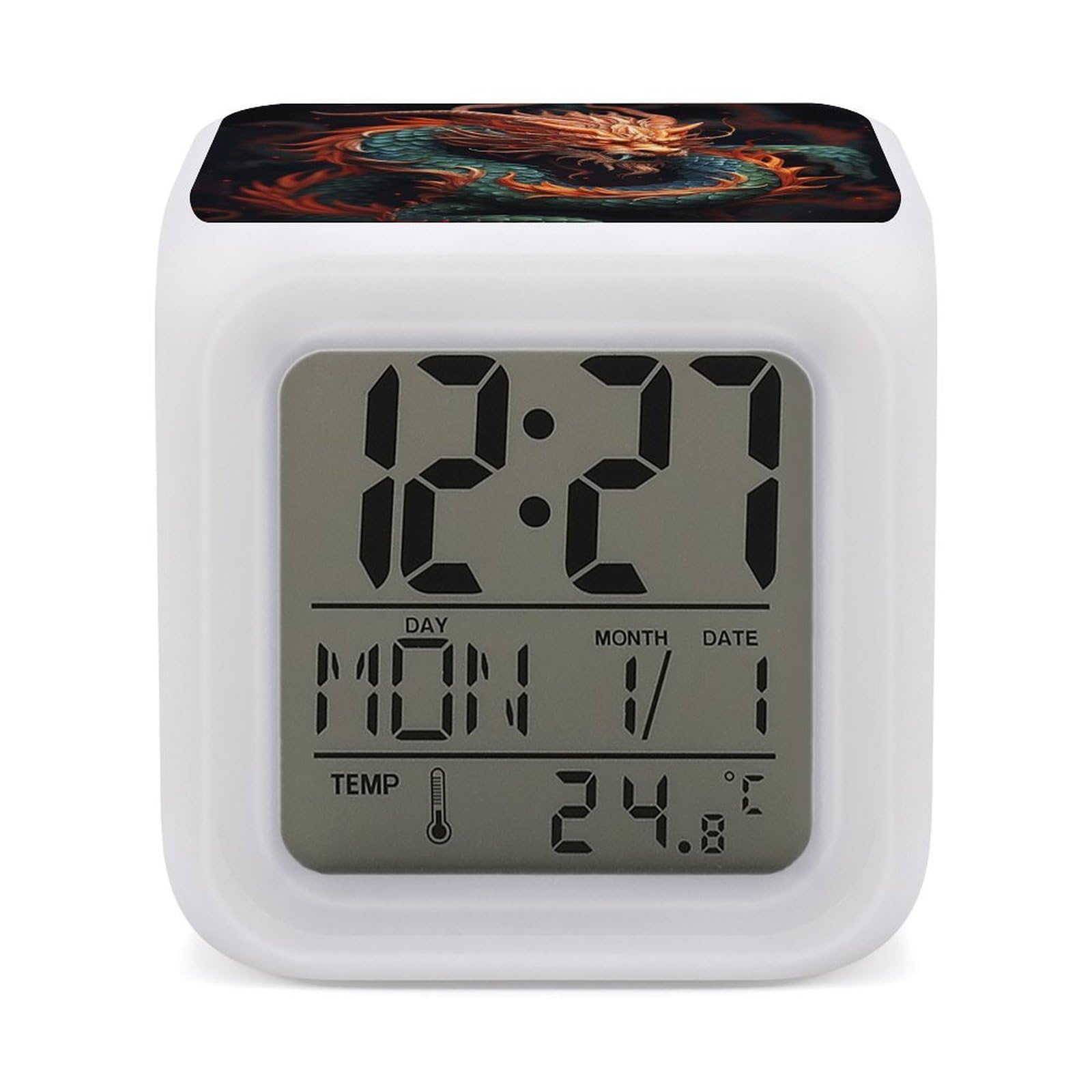 Despertador digital dragón chino LED de 7 colores con termómetro de hogar
