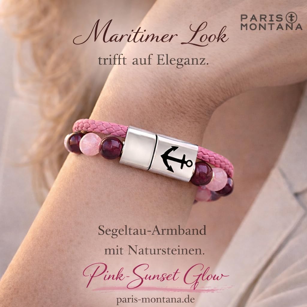 Segeltau & Naturstein Damen Armband – Maritimes Wickelarmband mit Sicherheits Magnetverschluss und Anker Gravur