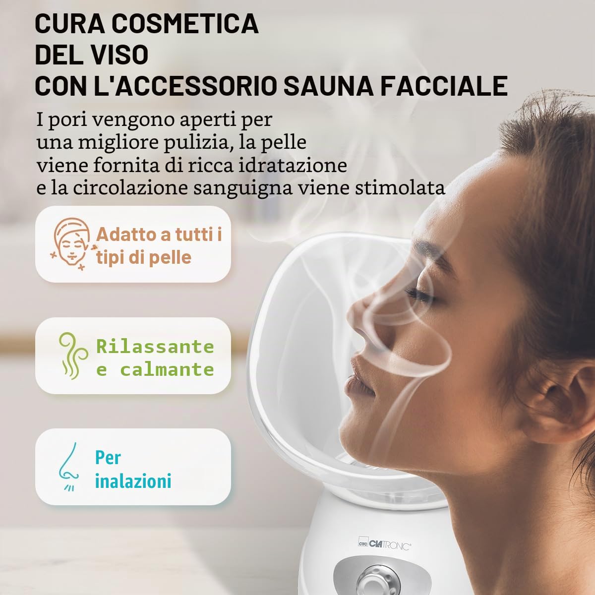 Clatronic GS 3656, inalatore per sauna facciale, inalatore, doccia nasale, rilassante con attacco aromatico, per bocca e naso, adatto per bambini, bianco», 130 watt