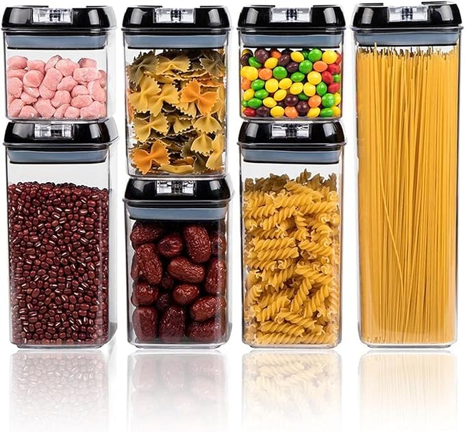 7pc Clear Airtight Food Storage Container Set with - Kitchen & Pantry Containers - Ideal for Flour Cereal Spaghetti Pasta & more Black