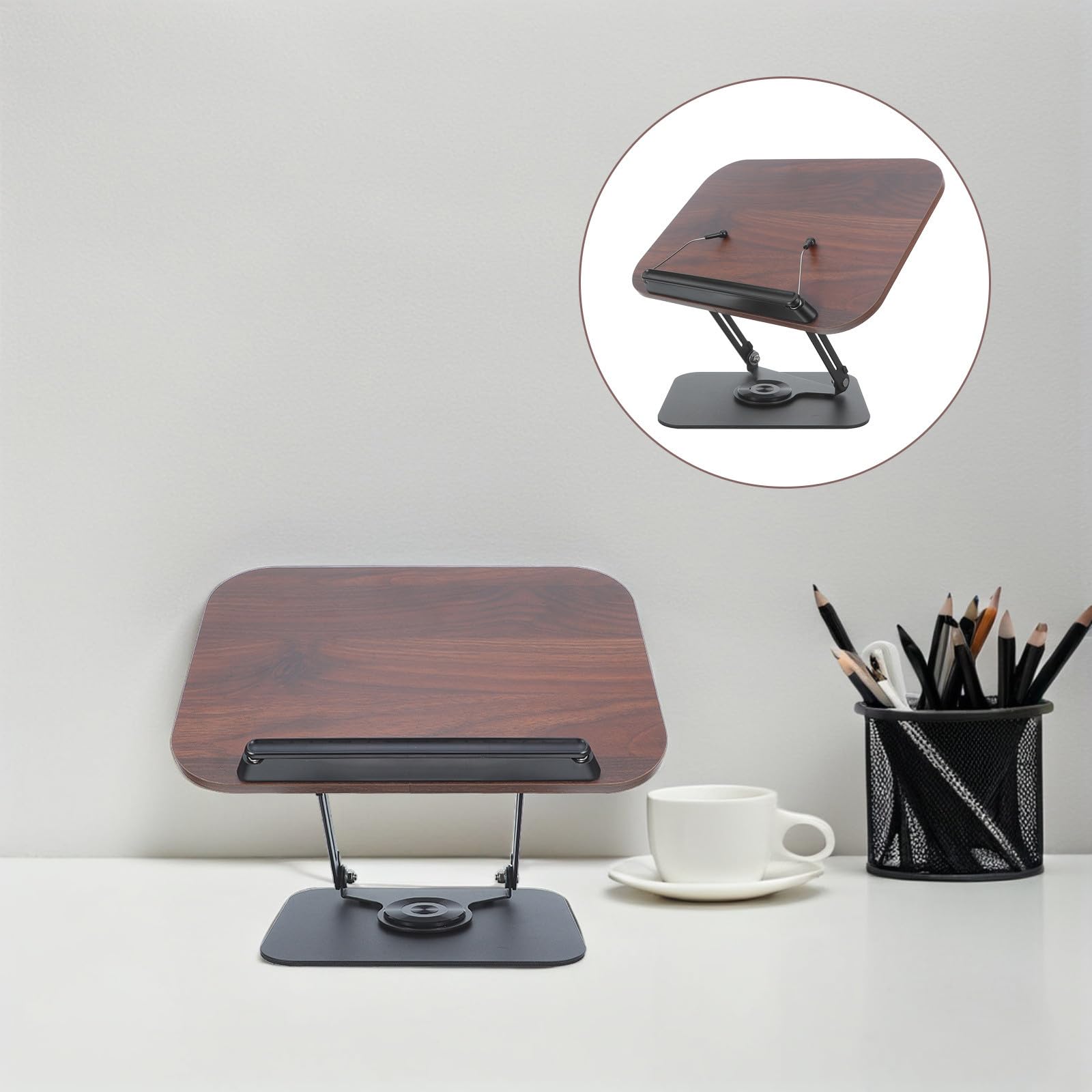 USHOBE Supporto per Libri Multifunzionale in Legno e Acciaio al Carbonio con Base Girevole a 360° Altezza Regolabile per Scrivania e Lettura a Mani Libere