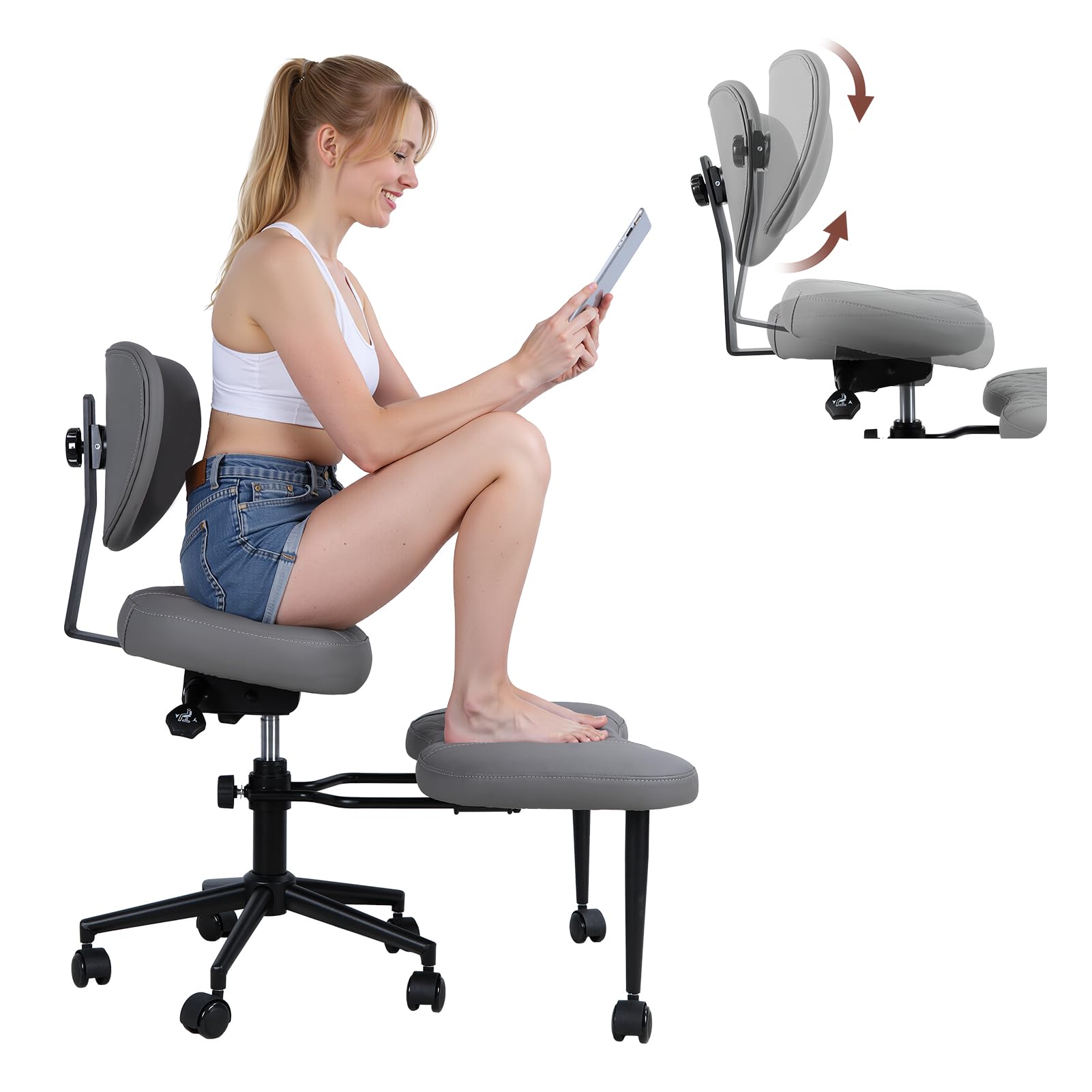 Silla de oficina ergonómica con patas cruzadas, silla de escritorio giratoria de 360° con reposapiés, silla de meditación de altura ajustable, asiento de piel sintética, silla multiposición