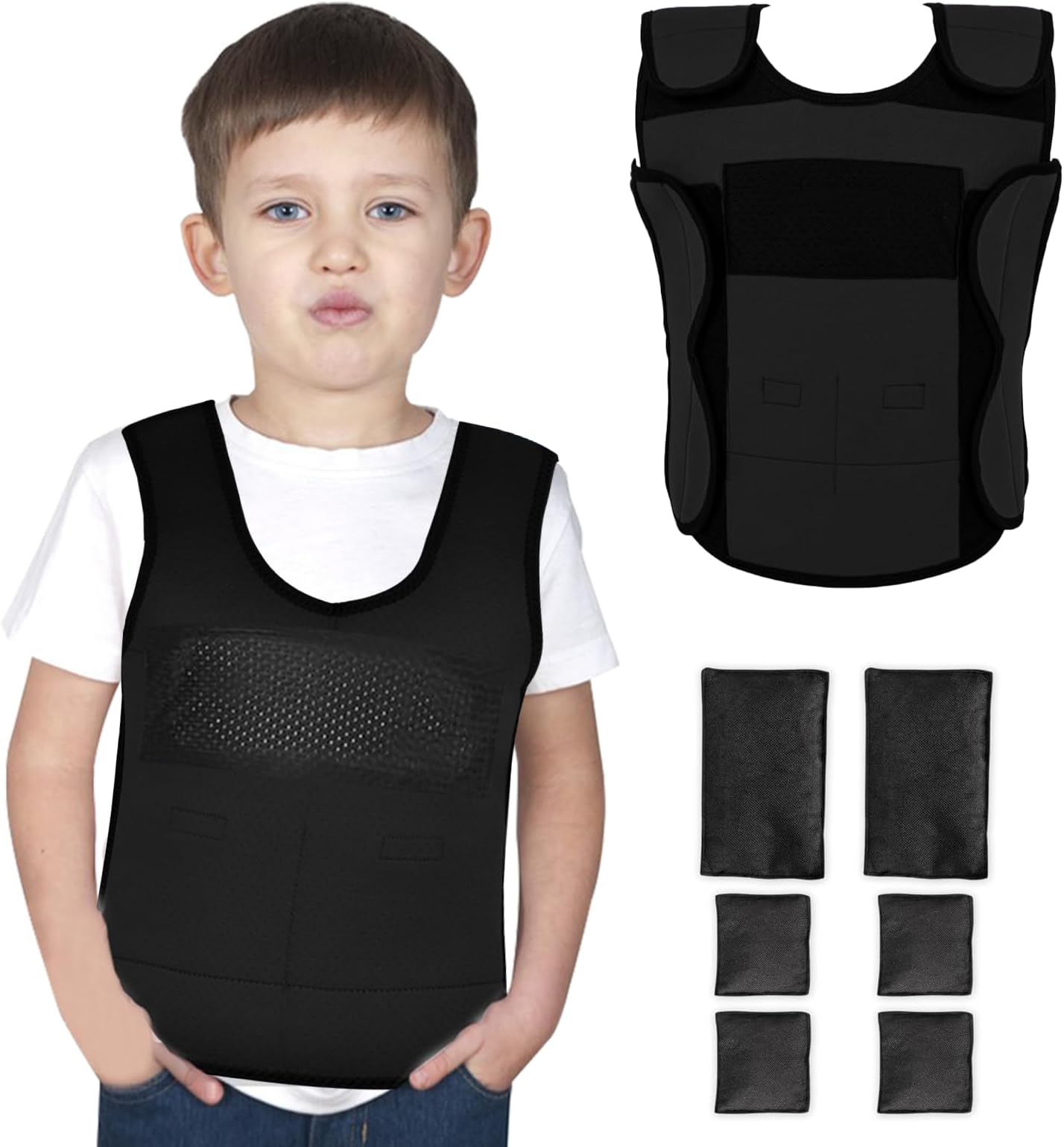 Weighted Vest for Kids with Autism, Sensory Compression Vest with ADHD, Spd Mood, and Processing Disorders, Including 6 Removable Weights (Black, Small)