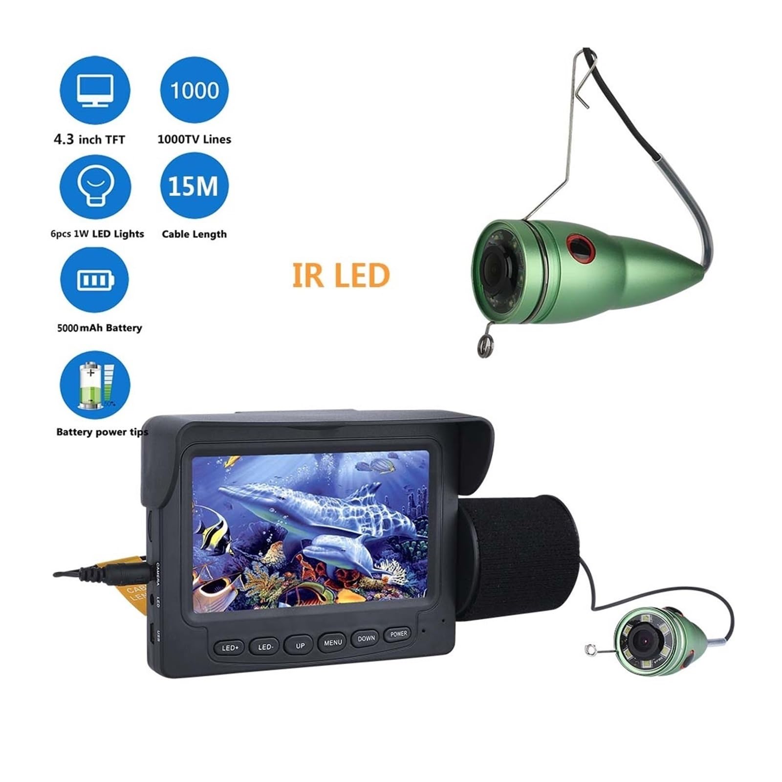 Buscador de Peces, Buscador de Peces portátil con Monitor LCD IPS 4,3 Pulgadas y 6 cámaras Pesca visión Nocturna LED for submarina en Hielo Invierno(30m Cable)