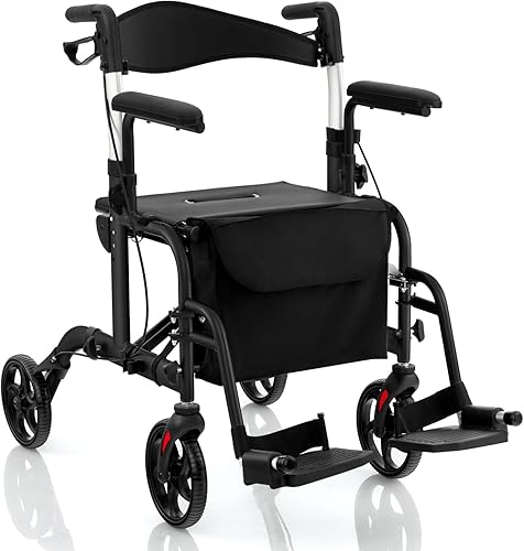 Goplus Andadores 2 en 1 para personas mayores con asiento, rueda de 8 pulgadas, silla de ruedas con respaldo, mango ajustable en altura, marco de