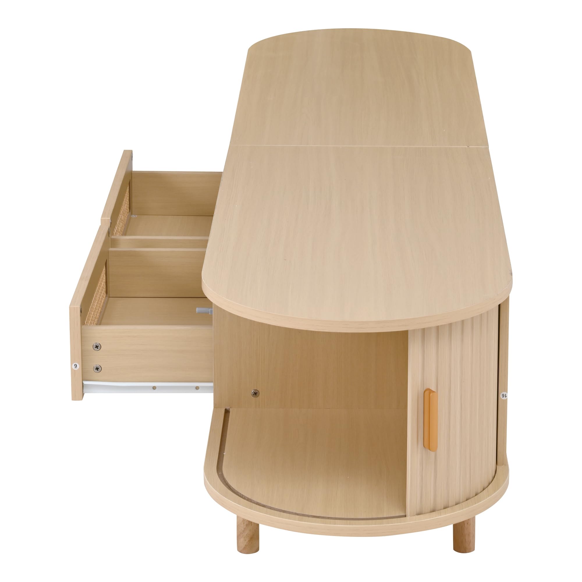 Merax TV Schrank Ovaler in Holzfarbe, Lowboard Fernsehtisch mit 2 Schiebetüren, 2 Rattan-Schubladen, TV-Regal für Fernseher bis zu 70 Zoll, Landhausstil Sideboard Fernsehschrank für Wohnzimmer, 170cm