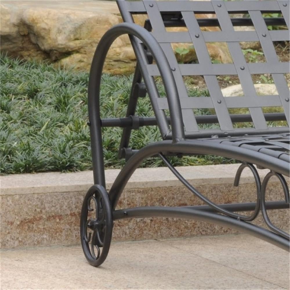 Bowery Hill Iron Patio Chaise Lounge, 73 in Long, Heavy Duty Frame, Antique Black Finish, 5-Position Adjustable, Wheels for Easy Transportation, Weather Resistant Modern Slatted Design Outdoor Lounger