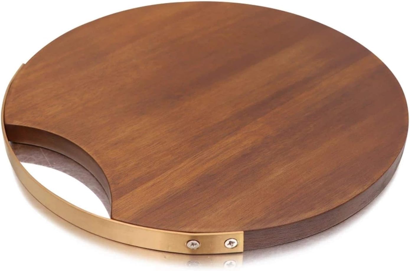 Round Wooden Cutting Board with Rose Gold Handle – Solid Wood Pizza, Cheese, Bread & Serving Tray, 26cm, Food-Safe