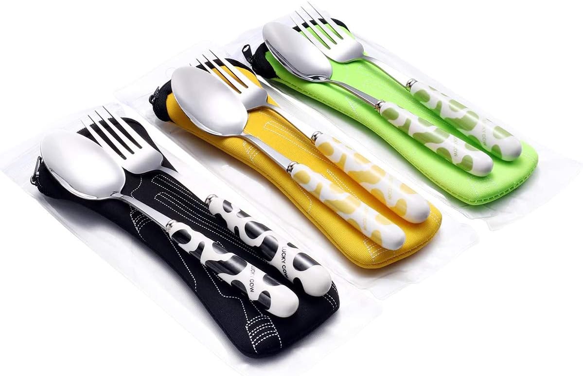 Dinner Flatware Set,Stainless Steel Fork and Spoon Set Portable Cutlery Set Travel Utensils Set with Ceramic Handle and Carrying Case（Black/Green/Orange）