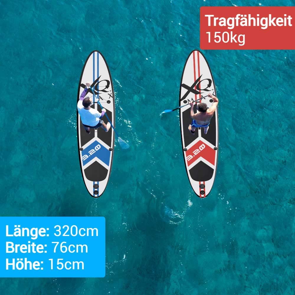 Professionelles Stand up Paddel Board - SUP von XQ Max - 320cm - Max Gewicht: 150kg - komplettes Set mit Pumpe, Flickwerkzeug, Fußleine, verstellbares Paddel