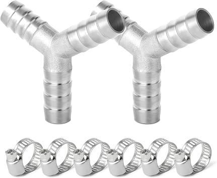 2 Pcs 12 mm Stainless Steel Hose Nozzle T-piece, 3-Way Y-Shape SUS 304 Hose Fitting with 6-Piece Clamps