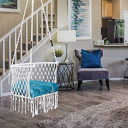 Image of Patiofy Premium Swing for Balcony /Jhula for Adults /Jula with Blue Cushion & Accessories for Indoor & Outdoor (White)