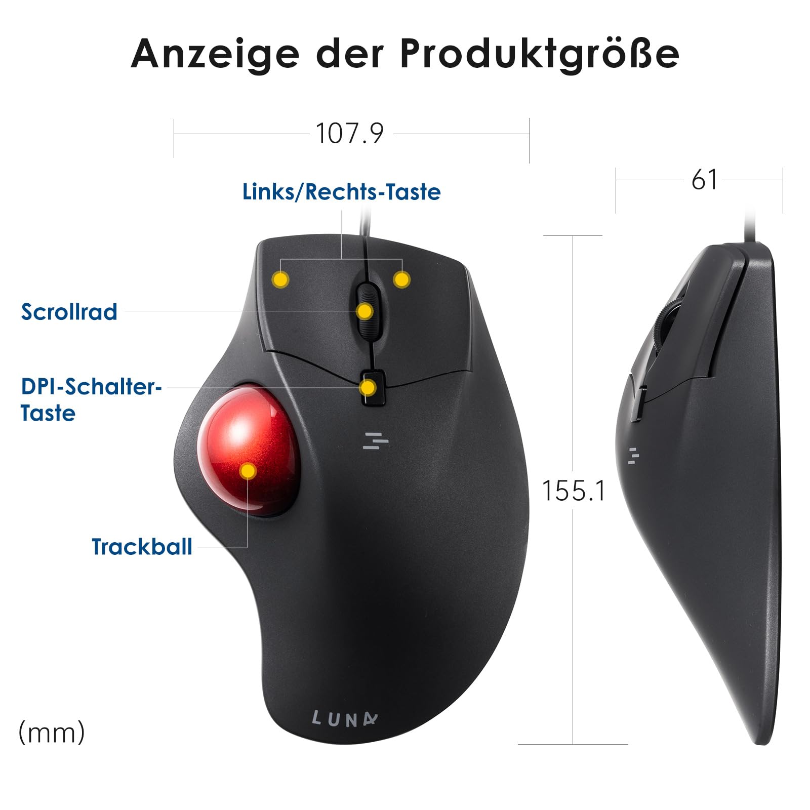 SANWA Trackball Maus mit Kabel, Leise Klik Programmierbar Taste, 600/800/1200/1600 DPI, Kabelgebundene ergonomische TrackBall, Kompatibel mit Winows, Mac, PC, Schwarz, GMATB39