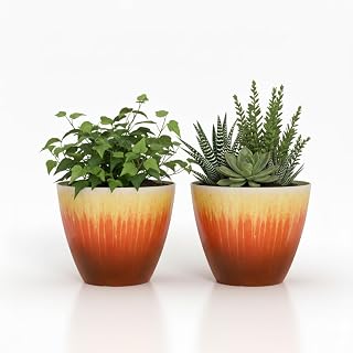8 inch Plant Pots Pack of 2, Plastic Flower Pots Flower Pots, Modern Glossy Finishing Planter for Indoor Outdoor Plants (Orange Glaze)