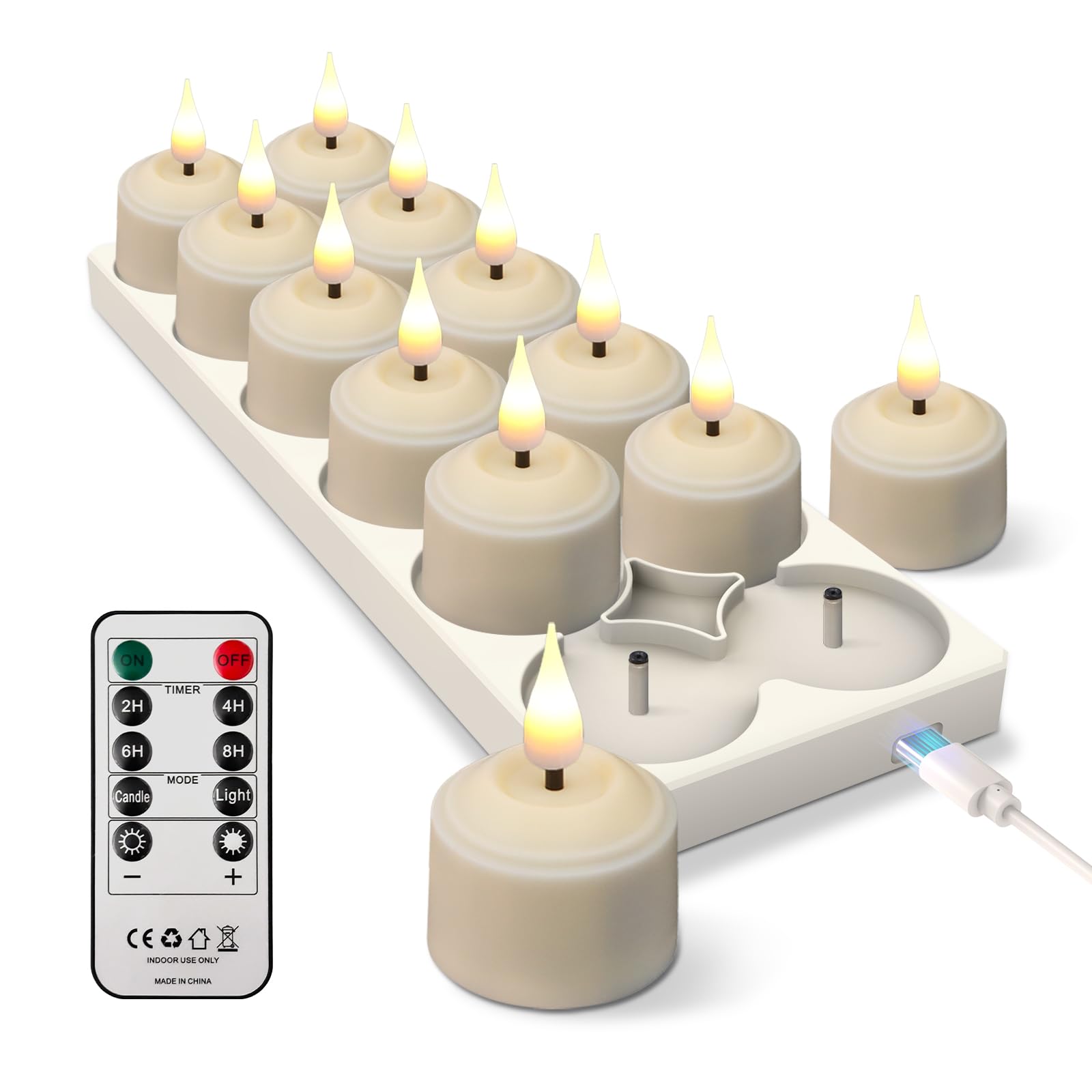 JVURICE 12er Teelichter LED Aufladbar mit Timer und Ladestation, LED Teelichter Wiederaufladbar, Kerzen Flackernd für Zimmer Wohnzimmer Halloween Weihnachten Hochzeit Tisch Party Deko