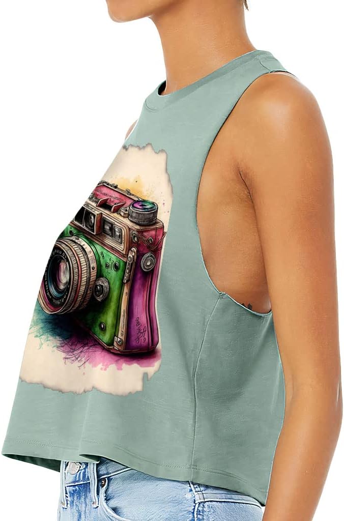 Retro Camera Racerback Cropped Tank - Paint Women's Tank - Camera Tank Top
