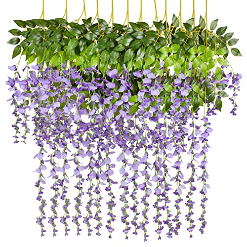 Fomlily 12 Pack Artifical Wisteria Hanging Flower, 3.6Ft/Strand Purple Flower Silk Wisteria Vines Hanging For Wedding Party Arch Floral Decoration (Light Purple) #TOP2