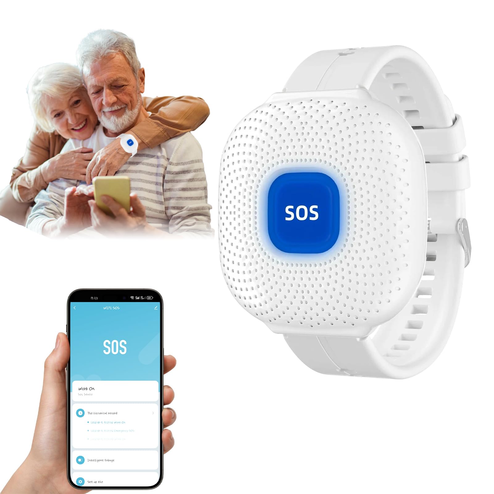 WiFi Boton Emergencia Ancianos ,SOS Avisador Personas Mayores,Control de Aplicación Tuya,WiFi Pulsera Personas Mayores para Pacientes/ Ancianos/ Niños/ Mujeres Embarazadas (Blanco)