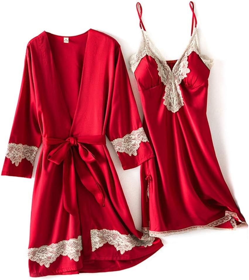 Silky Nightgown Set Women 2PC Sleepshirt V-Neck Lace Pajamas Sleepwear Robe Bathrobe Gown Home Clothe